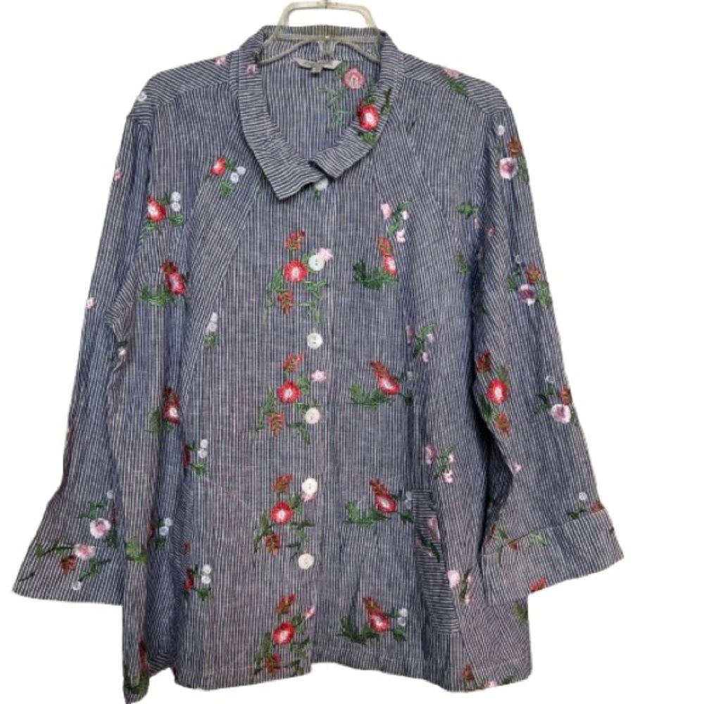 John Mark Women’s 100% Linen Pinstriped Floral Embroidered Button Down Sz 1X